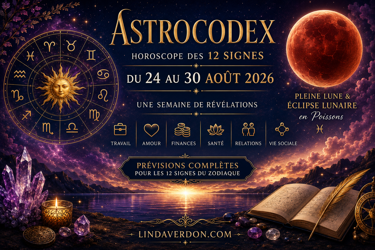 Du 24 au 30 août 2026, l’Astrocodex accompagne les douze signes dans une semaine dominée par une puissante Pleine Lune accompagnée d’une éclipse lunaire partielle en Poissons le 28 août. Travail, argent, amour, vitalité, relations et évolution personnelle : découvrez les domaines qui arrivent à maturité, les situations qui peuvent changer brusquement et les décisions à ne plus repousser.