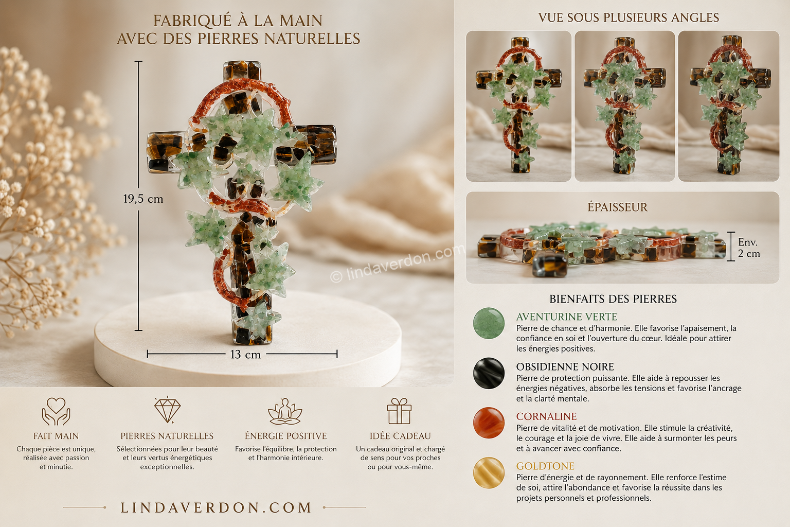 Découvrez Équilibre Minéral, une création artisanale de 19,5 cm en œil du tigre, aventurine, cornaline et Goldstone, entièrement réalisée à la main.