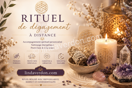 Découvrez un rituel de dégagement à distance personnalisé pour nettoyer les énergies négatives, lever les blocages et retrouver sérénité et protection. Chaque accompagnement est étudié individuellement par Linda Verdon.