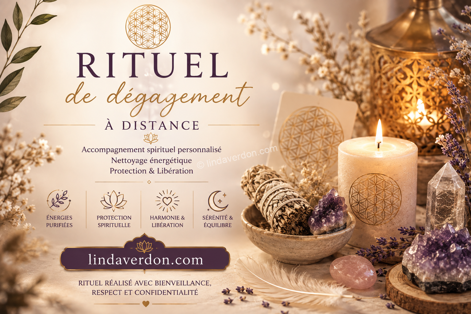 Découvrez un rituel de dégagement à distance personnalisé pour nettoyer les énergies négatives, lever les blocages et retrouver sérénité et protection. Chaque accompagnement est étudié individuellement par Linda Verdon.