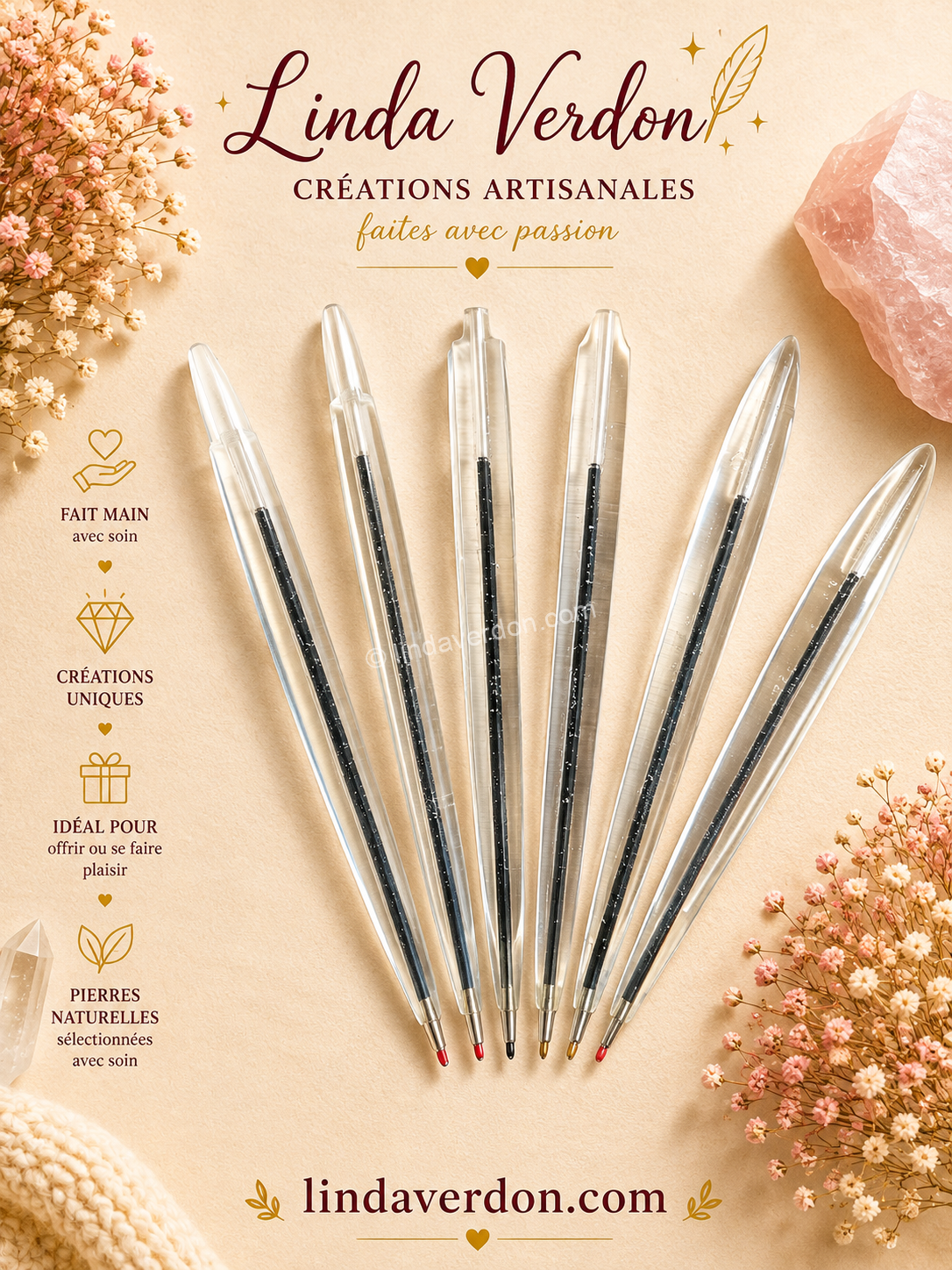 Stylo artisanal en résine transparente incolore. Une création élégante, légère et unique, fabriquée à la main. Vendu à l'unité.
