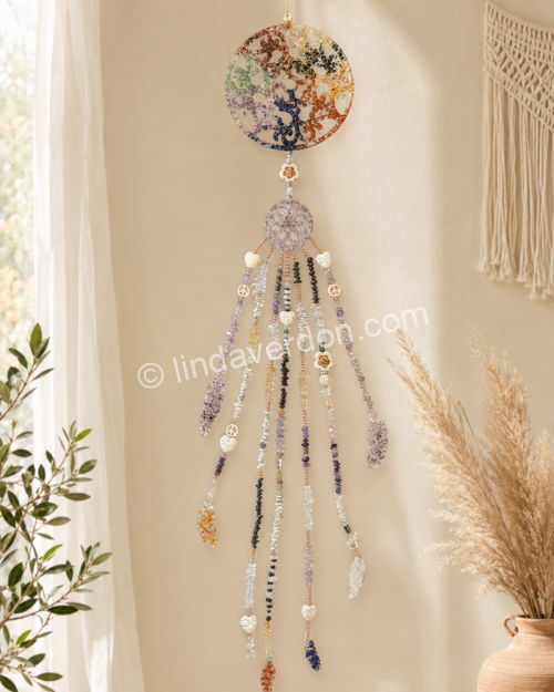 Découvrez ce capteur de lumière 7 chakras artisanal de 1,20 m, composé de pierres, d’un cercle en améthyste et de 7 brins colorés.