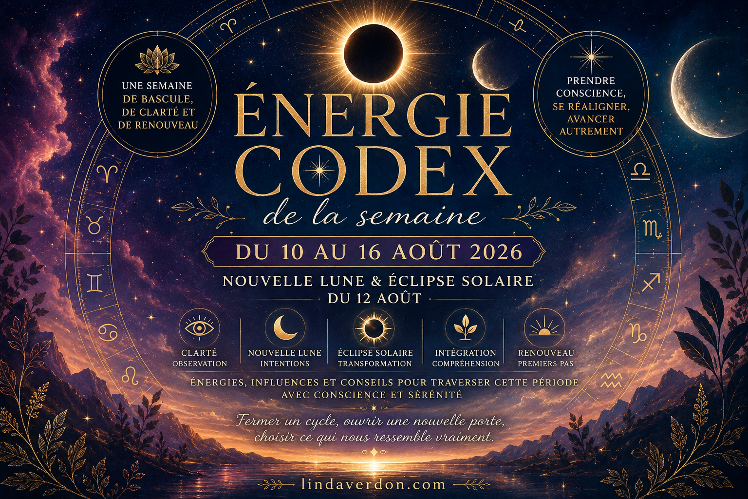 Découvrez l'Énergie Codex de la semaine du 10 au 16 août 2026. Une semaine de réalignement, de prises de conscience et de renouveau, marquée le 12 août par une Nouvelle Lune accompagnée d'une éclipse solaire.