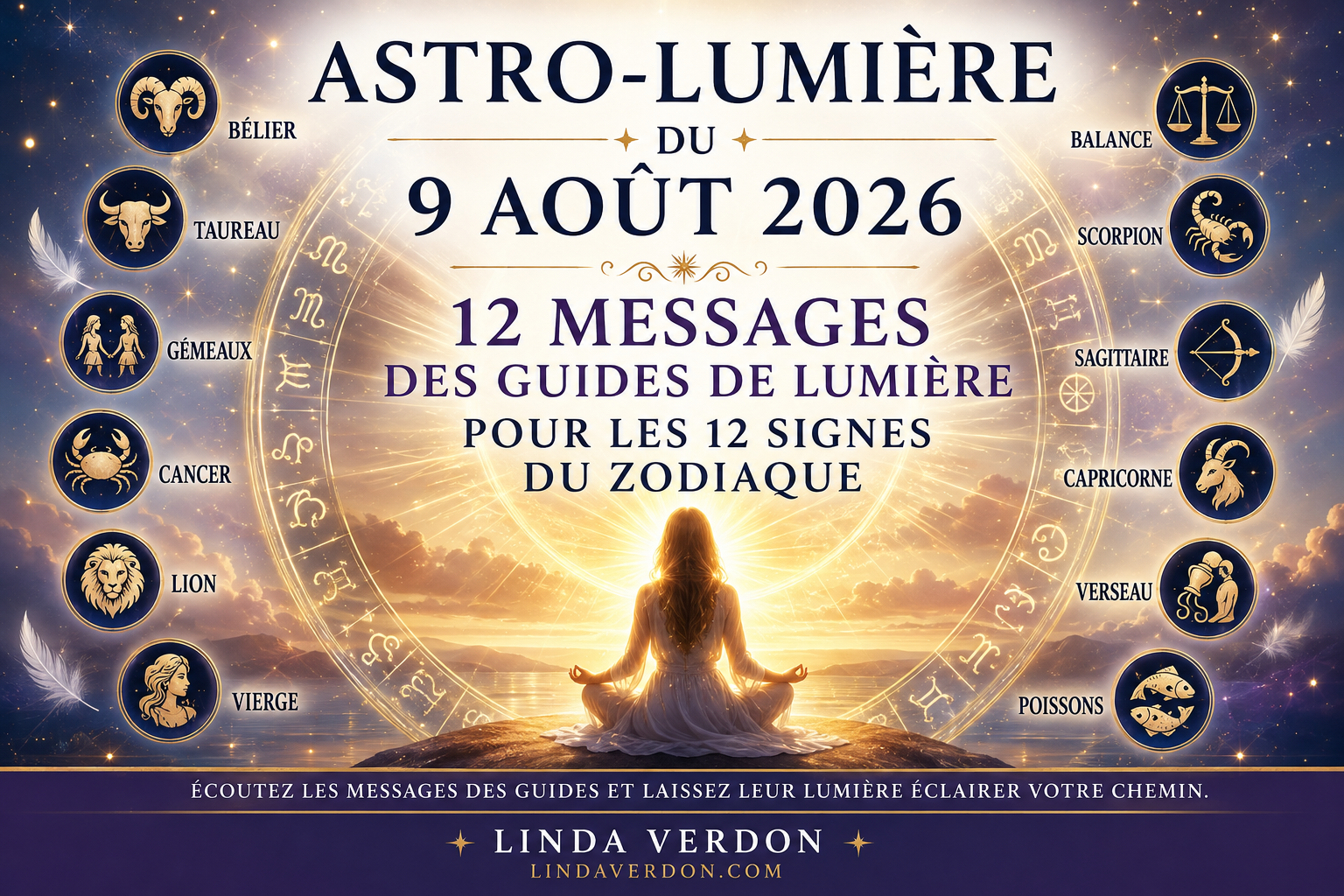 Découvrez l’Astro-Lumière du 9 août 2026 et les 12 messages des Guides de Lumière pour chaque signe du zodiaque. Une guidance spirituelle et intuitive.