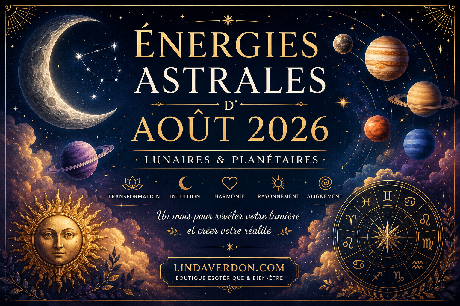 Découvrez les énergies astrales, lunaires et planétaires d'août 2026 : mouvements des planètes, phases lunaires, influences spirituelles, amour, travail et développement personnel.