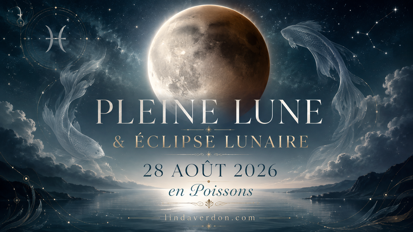 Le 28 août 2026, une puissante Pleine Lune à 4°54 des Poissons s’accompagne d’une éclipse lunaire partielle. Face au Soleil en Vierge et en forte tension avec Uranus en Gémeaux, cette lunaison peut mettre en lumière ce qui ne peut plus être ignoré. Entre intuition et réalité, contrôle et lâcher-prise, passé et changement, cette éclipse invite à reconnaître ce qui arrive à son terme afin de libérer l’espace nécessaire à la suite.