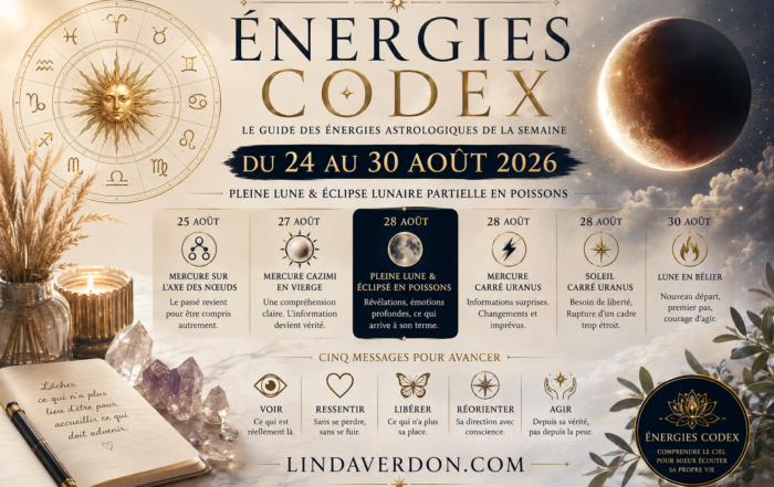 Du 24 au 30 août 2026, une semaine astrologique exceptionnelle se dessine autour de la Pleine Lune et de l’éclipse lunaire partielle en Poissons du 28 août. Mercure rejoint le Soleil en Vierge avant de former un carré à Uranus, tandis que le Soleil rencontre lui aussi Uranus quelques heures plus tard. Informations inattendues, révélations, changements de programme, libérations émotionnelles et prises de conscience peuvent modifier profondément notre perception d’une situation. Une semaine pour voir ce qui est vrai, libérer ce qui arrive à son terme et réorganiser la suite.
