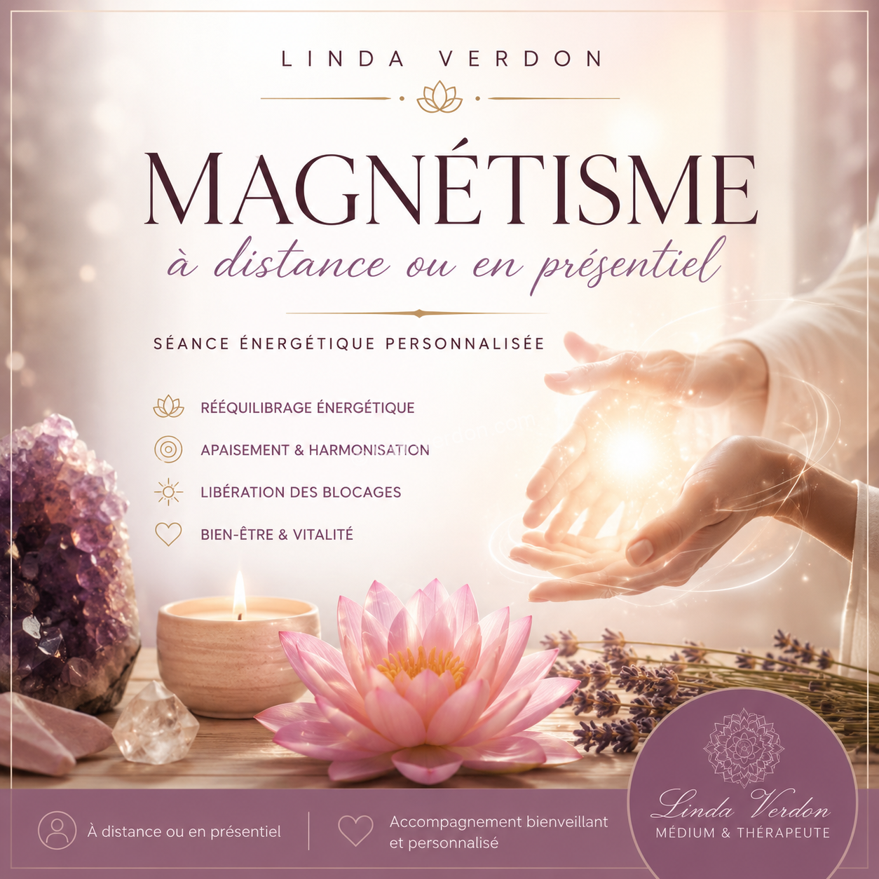 Séance de magnétisme personnalisée, à distance ou en présentiel selon votre préférence. Chaque accompagnement est adapté à votre situation afin de favoriser le rééquilibrage énergétique, l'apaisement et le bien-être.