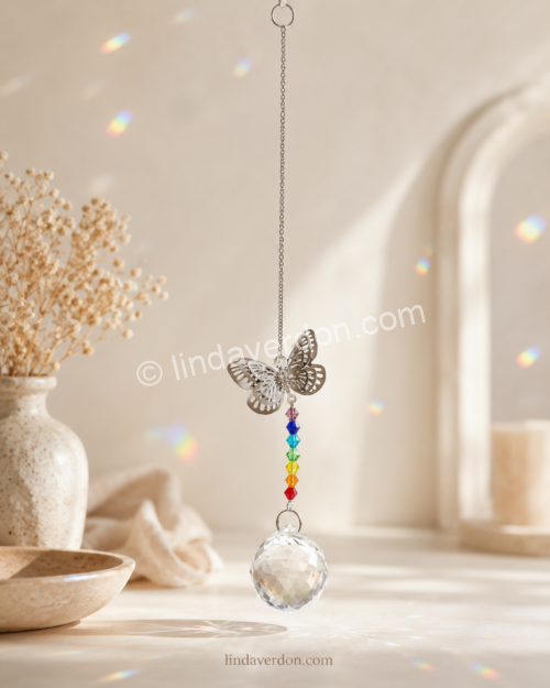 Découvrez ce capteur de lumière Papillon avec 7 chakras et boule facettée en cristal de roche, conçu pour créer de magnifiques reflets au soleil.