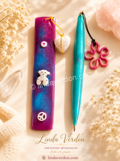 Coffret artisanal avec marque-page aux couleurs de la nuit, décoré d'un nounours, d'un cœur en pierre naturelle et d'un symbole Peace & Love, accompagné d'un stylo bicolore à fleur rose.