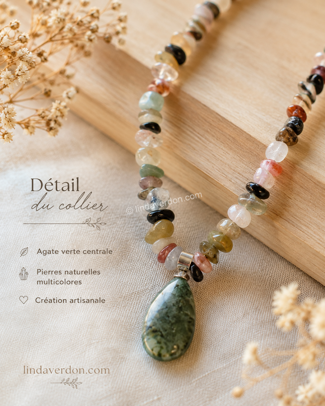 Découvrez Éveil Intérieur – Cœur d’Agate, collier artisanal de 42 cm en pierres naturelles avec pendentif central en agate verte.
