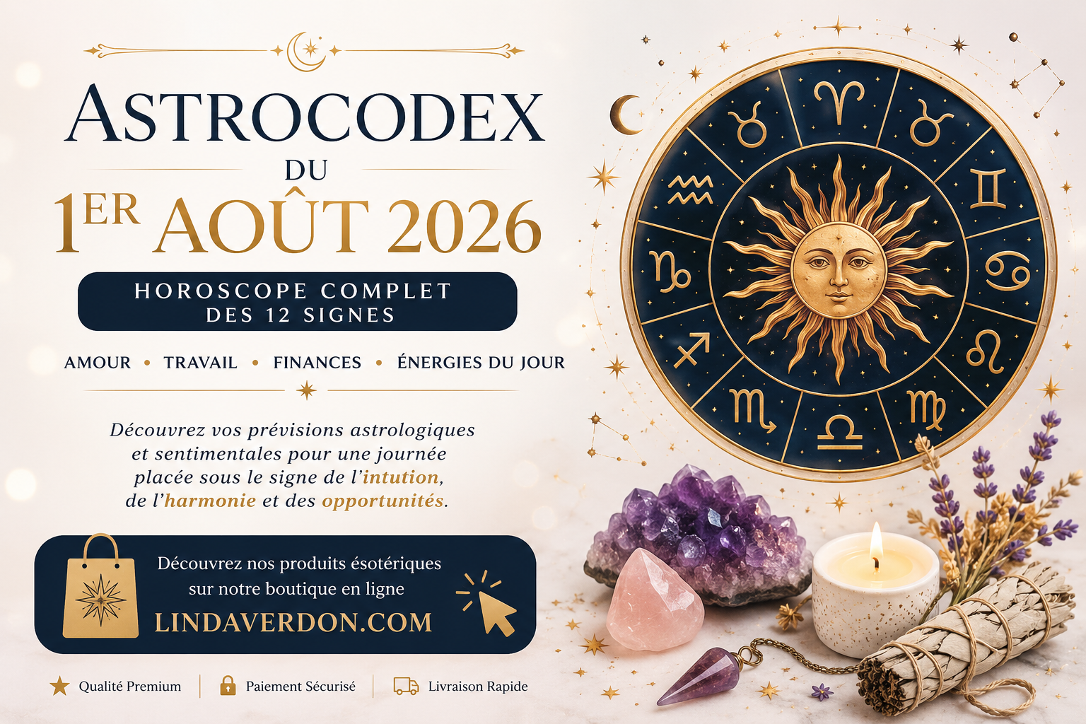 Découvrez l’AstroCodex du 1er août 2026 avec les prévisions générales, professionnelles, financières et sentimentales des douze signes.
