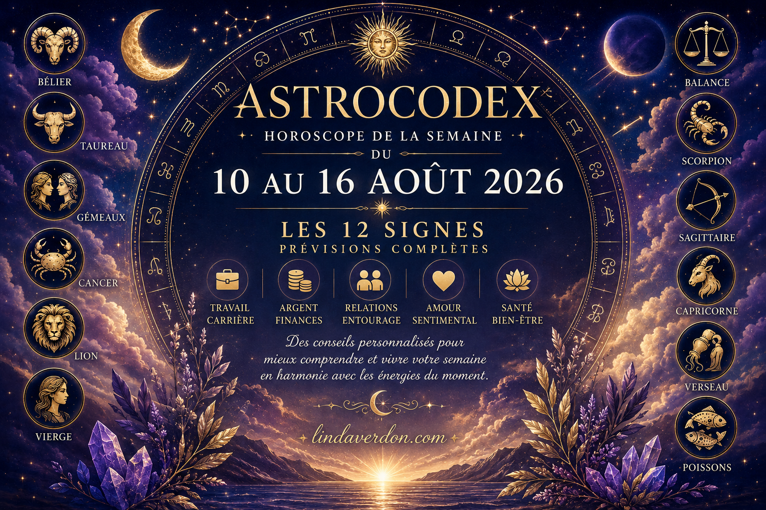 Que réserve la semaine du 10 au 16 août 2026 à votre signe ? Découvrez l’AstroCodex hebdomadaire des 12 signes du zodiaque, avec des prévisions détaillées consacrées à votre tendance générale, votre vie professionnelle, vos finances, vos relations, votre vie sentimentale et votre bien-être.