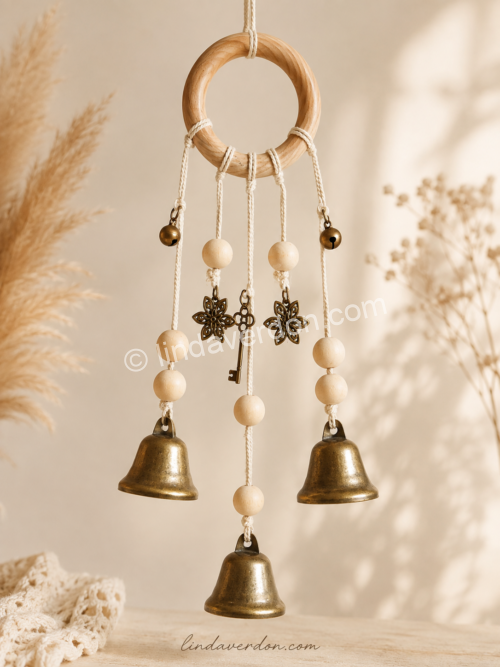 Une création artisanale pensée comme une protection symbolique pour la maison, préparée à la main avec intention. Cette suspension est composée d’un anneau en bois, de 5 brins, de 3 clochettes principales, de 2 petites clochettes, d’une clé de protection, de 2 étoiles de protection et de petites perles en bois naturel. Lorsqu’elle bouge ou qu’on la secoue doucement, elle émet un joli son de clochettes qui apporte une présence chaleureuse à l’entrée, dans une pièce ou près d’une fenêtre. Pièce artisanale unique – préparée avec intention.