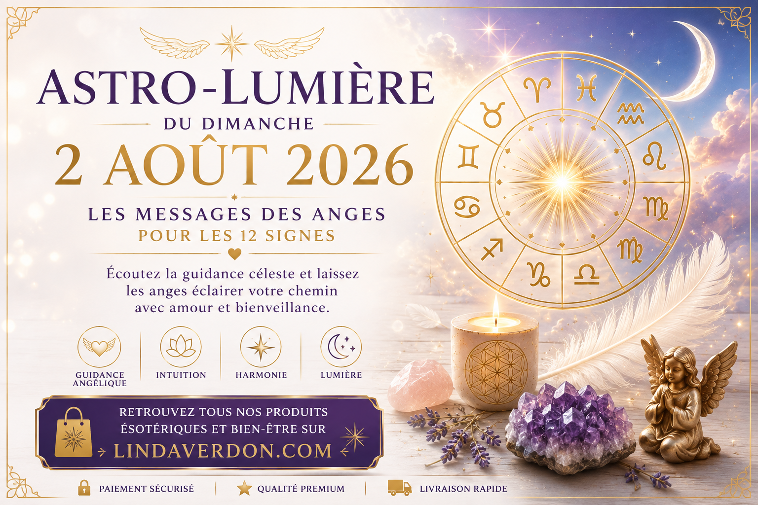 Découvrez l'Astro-Lumière du dimanche 2 août 2026 avec les messages des anges pour les 12 signes astrologiques, une guidance spirituelle inspirante et bienveillante.