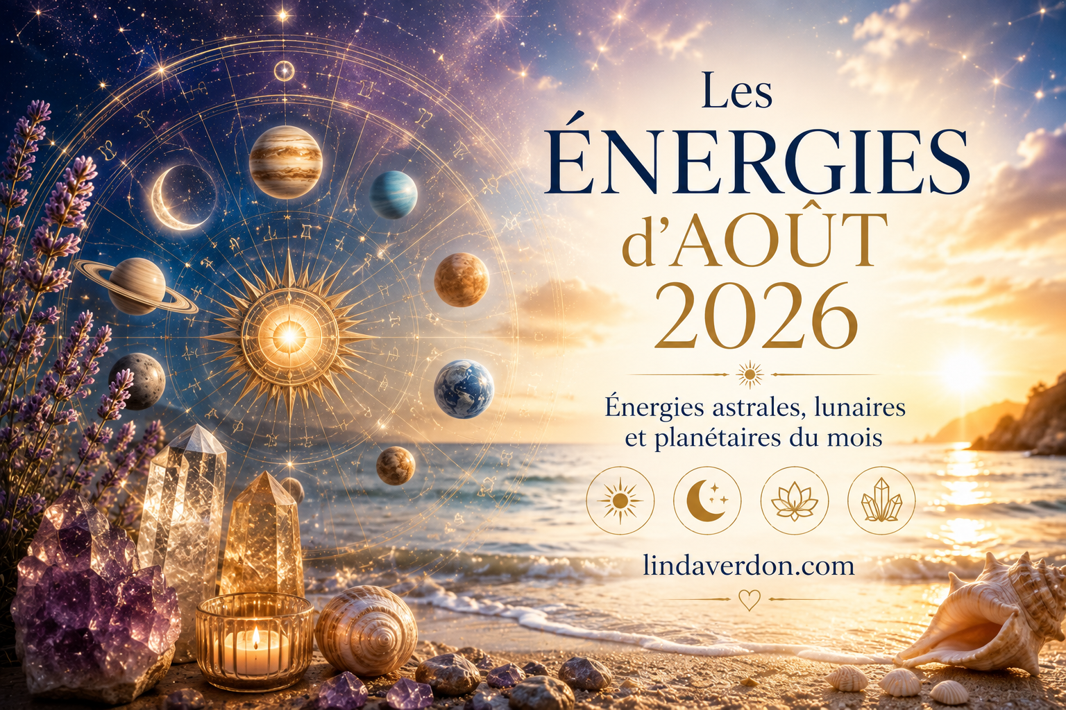 Découvrez les énergies astrales, lunaires et planétaires d'août 2026 : influences du ciel, phases de la Lune, spiritualité, bien-être, amour, travail et conseils pour vivre pleinement ce mois.