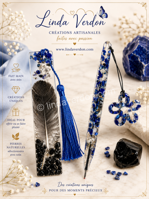Coffret artisanal avec véritable plume, lapis-lazuli et obsidienne noire, accompagné d'un stylo en lapis-lazuli. Création unique faite main.
