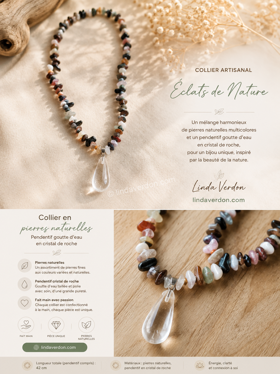 Découvrez Éveil Intérieur, collier artisanal de 42 cm en pierres naturelles avec pendentif goutte d’eau en cristal de roche. Création Linda Verdon.