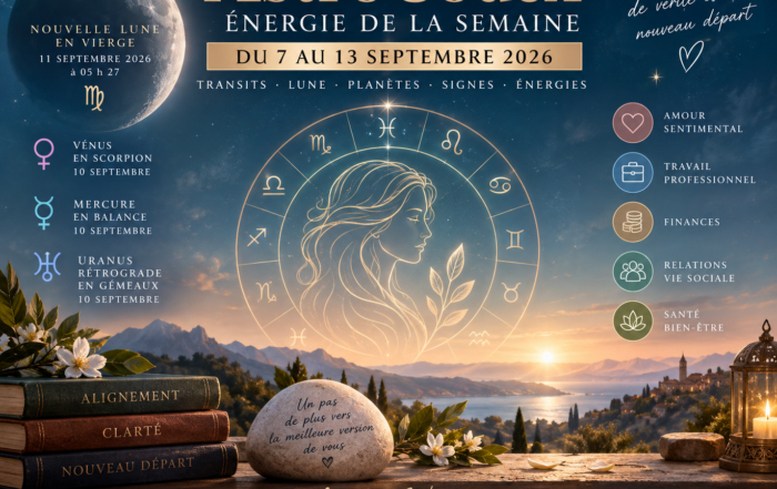 Découvrez les énergies astrologiques de la semaine du 7 au 13 septembre 2026 : Nouvelle Lune en Vierge, Vénus en Scorpion, Mercure en Balance, Uranus rétrograde et les principaux transits qui influencent amour, travail, finances, relations et vitalité.