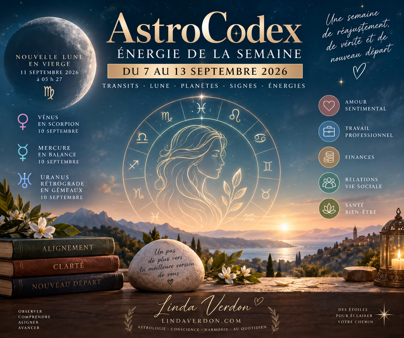 Découvrez les énergies astrologiques de la semaine du 7 au 13 septembre 2026 : Nouvelle Lune en Vierge, Vénus en Scorpion, Mercure en Balance, Uranus rétrograde et les principaux transits qui influencent amour, travail, finances, relations et vitalité.