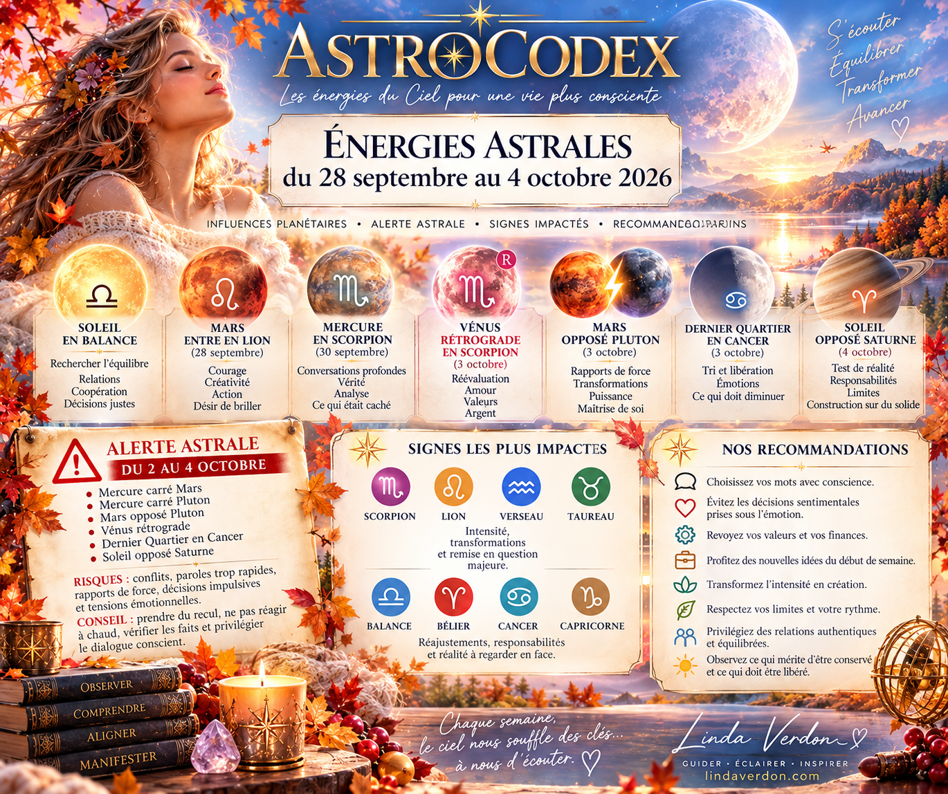 Découvrez les énergies astrales du 28 septembre au 4 octobre 2026 avec AstroCodex : Vénus rétrograde en Scorpion, Mars en Lion face à Pluton, Mercure en Scorpion, Dernier Quartier lunaire, alerte astrale, signes les plus impactés et recommandations pour traverser cette semaine intense avec davantage de conscience.