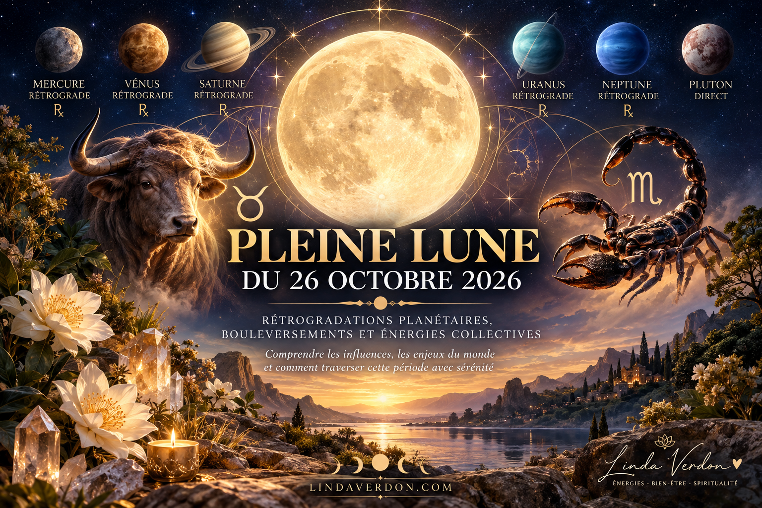 Pleine Lune du 26 octobre 2026 en Taureau : découvrez les 5 planètes rétrogrades, leurs symboliques et comment retrouver votre équilibre.